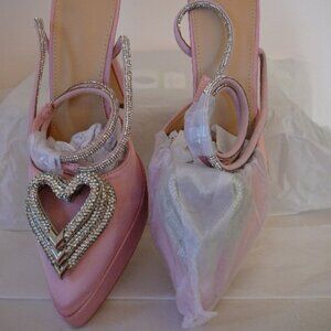 Women's Rose Pink 5" Strappy Platform Heels With 3 Stacked Crystal Hearts-Size 6